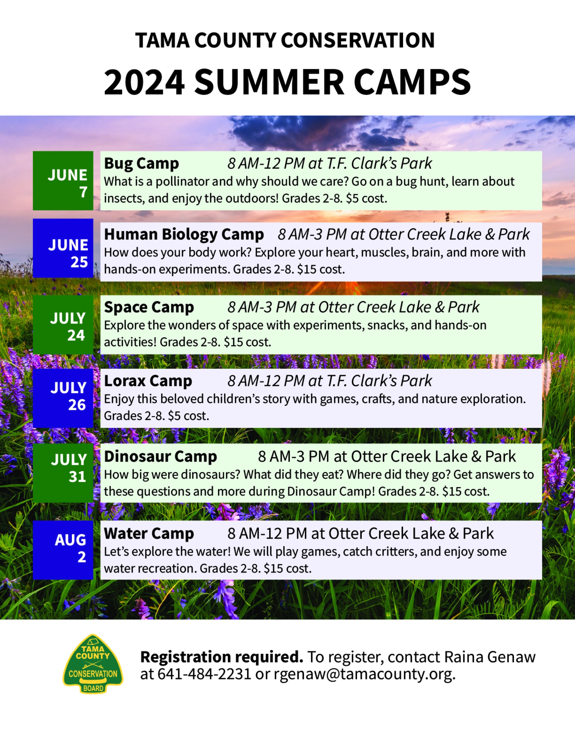 Summer camp poster with dates and descriptions